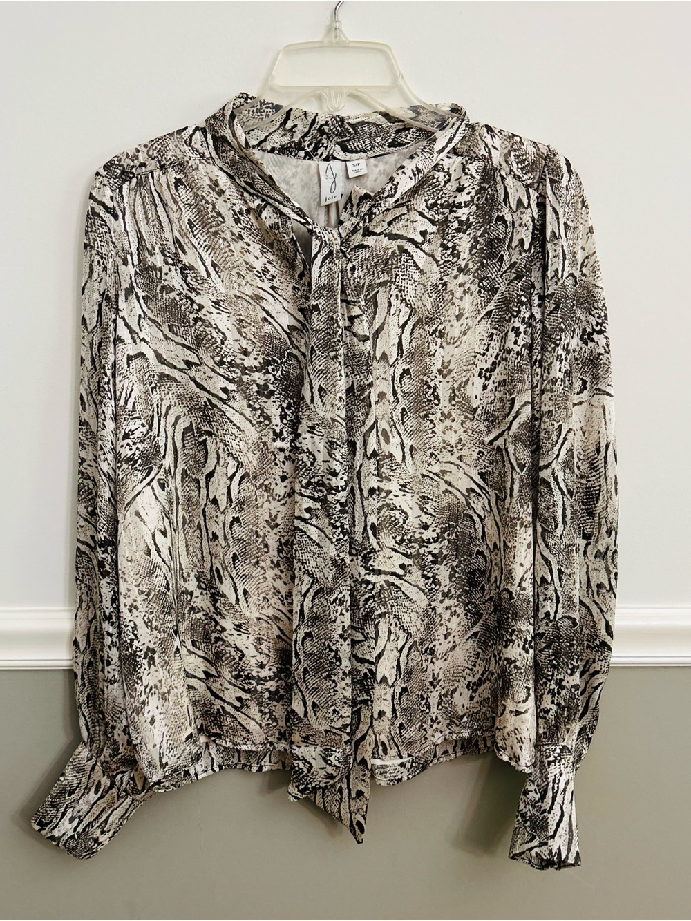 Joie Snake Animal Print Metallic Tie Neck Balloon Sleeve Neutral Blouse Small